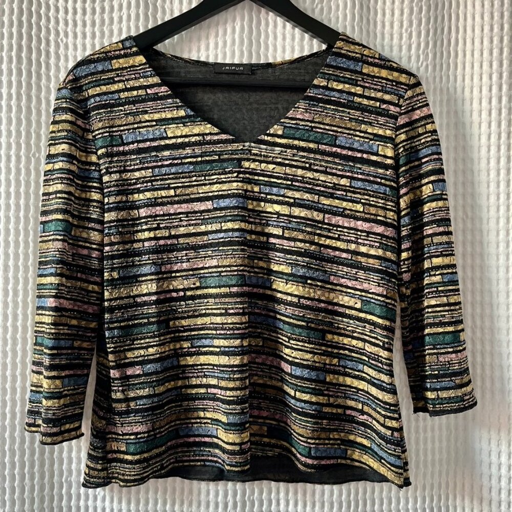 Vintage Jaipur stretchy striped V-neck top with 3/4 sleeves